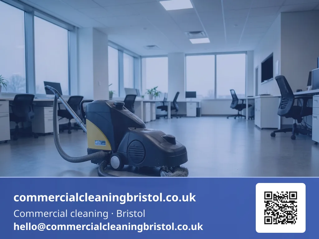 Rotary floor scrubber working a slow arc across an office floor before the working day begins