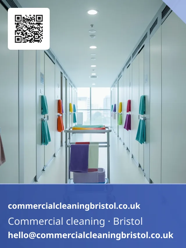 Restroom sanitising trolley making its rounds through a bank of washrooms serving a large commercial floor