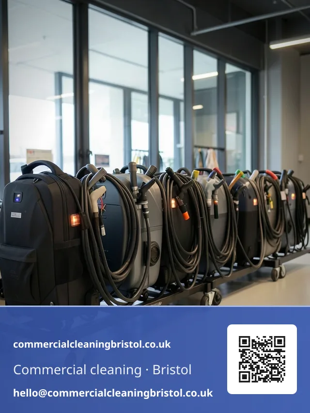 Bank of backpack vacuums lined up on a charging rack between shifts