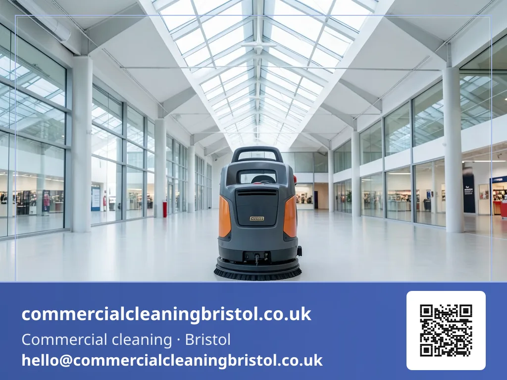 Ride-on rotary floor scrubber working long straight passes down a wide retail-unit floor