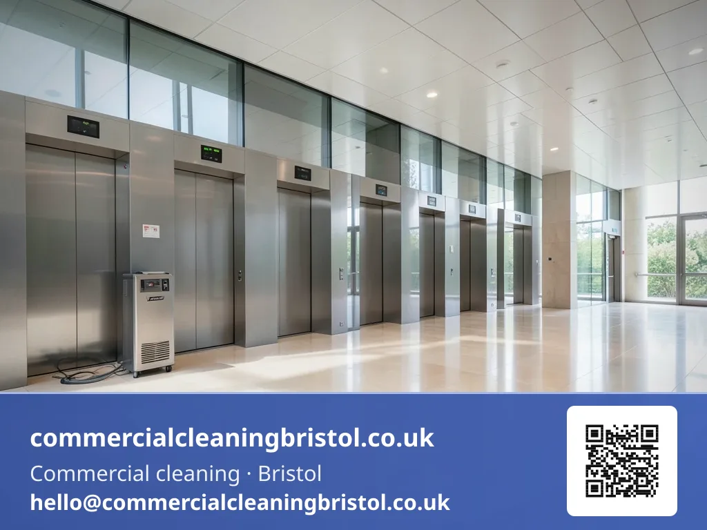 Lobby floor polishing machine buffing a wide expanse of stone tiling near a bank of six elevators