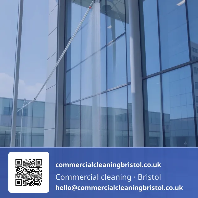 Window-cleaning water-fed pole system reaching up the full height of a curtain-wall glazing panel