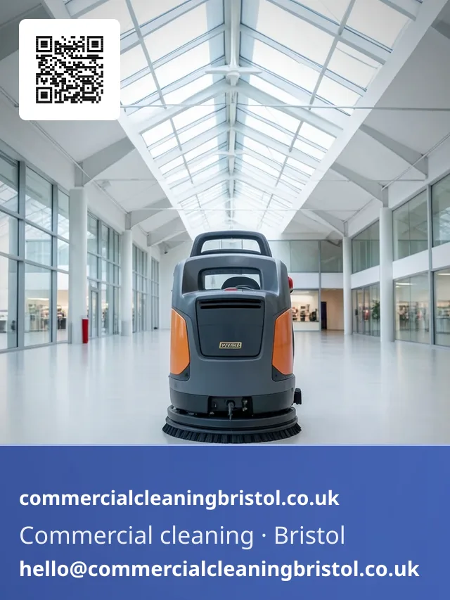 Ride-on rotary floor scrubber working long straight passes down a wide retail-unit floor