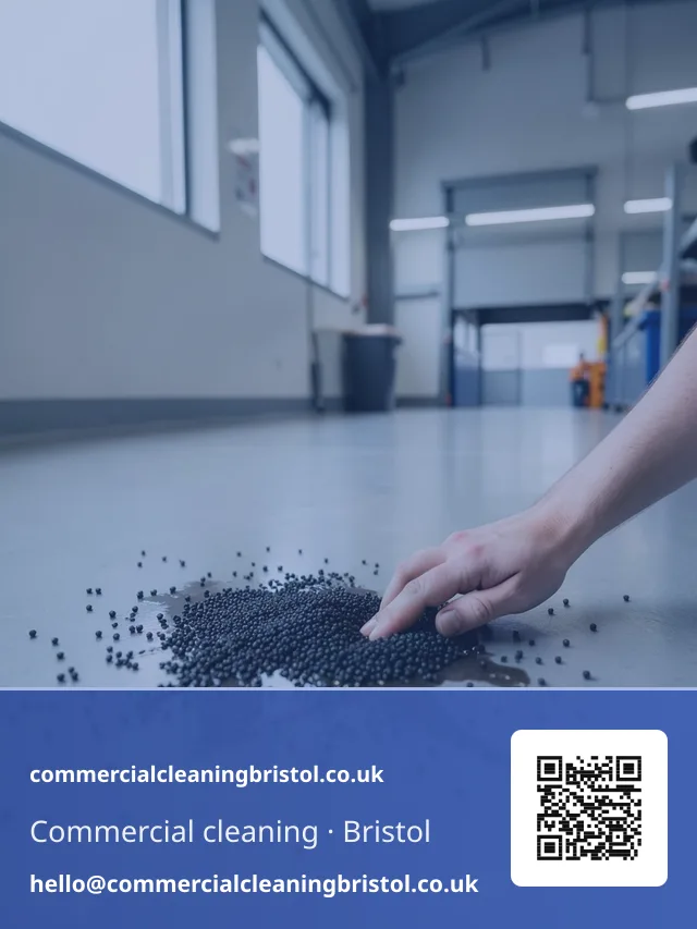 Absorbent granules scattered by hand across a small spill on a warehouse office floor