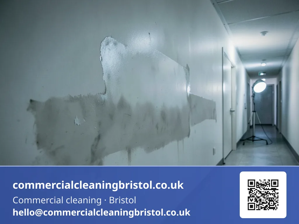 Smoke-damaged corridor wall wiped down section by section with a dry-cleaning sponge