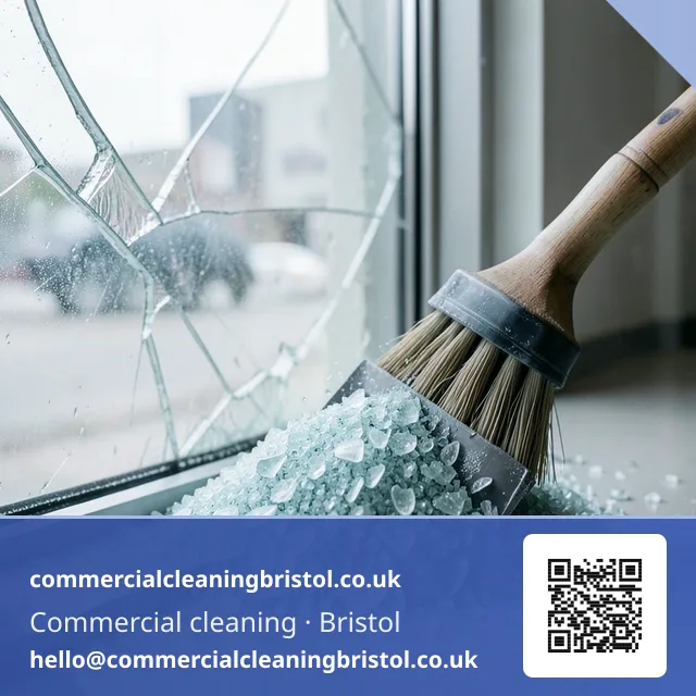 Dustpan and stiff brush sweeping fine broken glass fragments into a neat pile near a damaged window frame