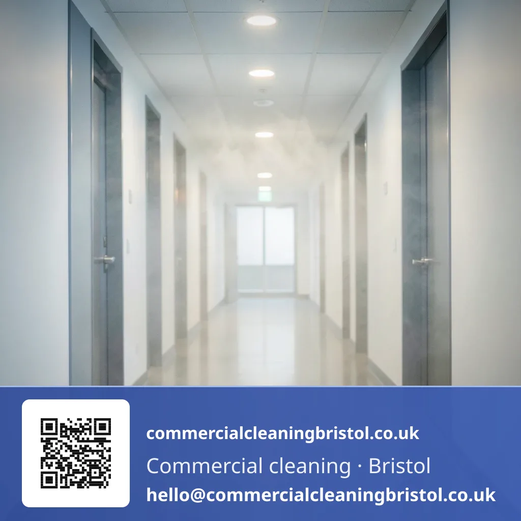 Odour-neutralising fogging machine releasing a fine mist across an empty corridor