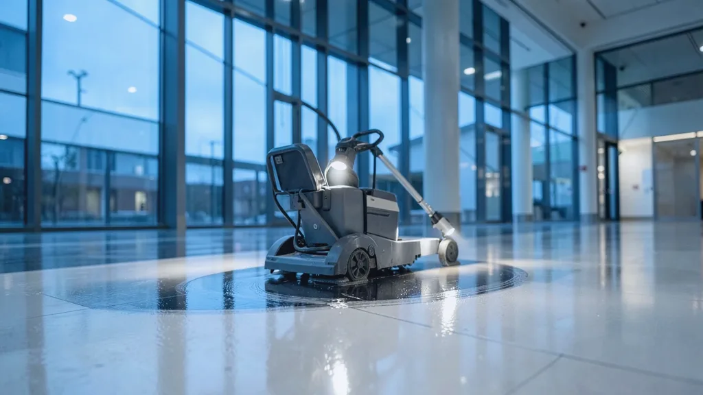 Ride-on rotary floor scrubber gliding in a slow arc across a glossy atrium floor
