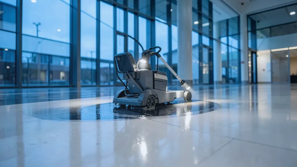 Ride-on rotary floor scrubber gliding in a slow arc across a glossy atrium floor