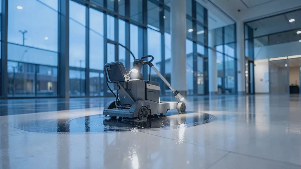 Ride-on rotary floor scrubber gliding in a slow arc across a glossy atrium floor