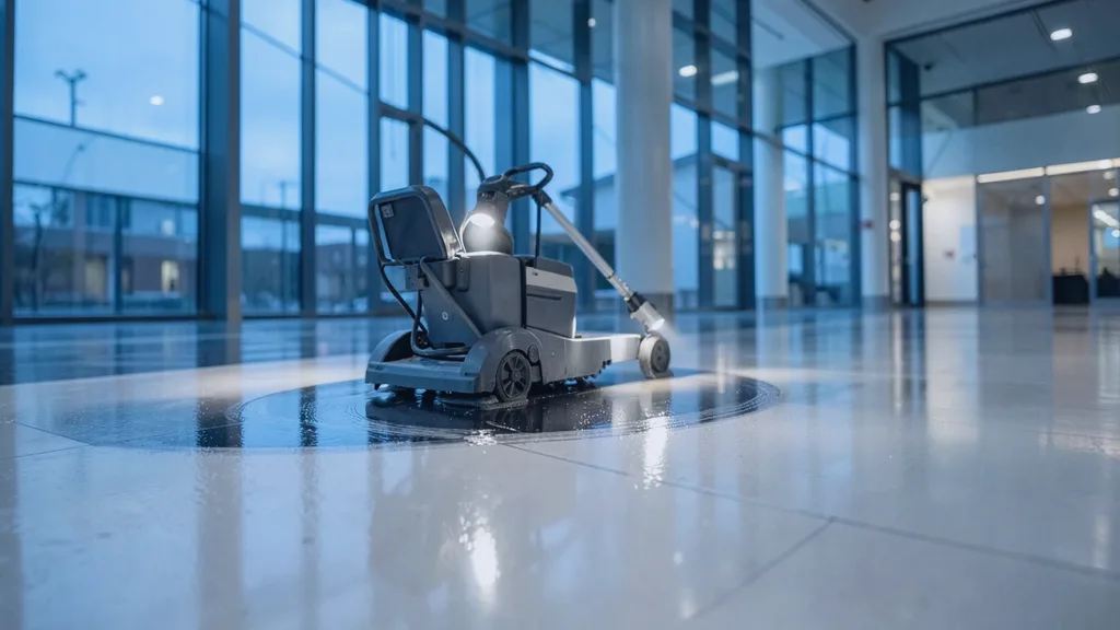 Ride-on rotary floor scrubber gliding in a slow arc across a glossy atrium floor