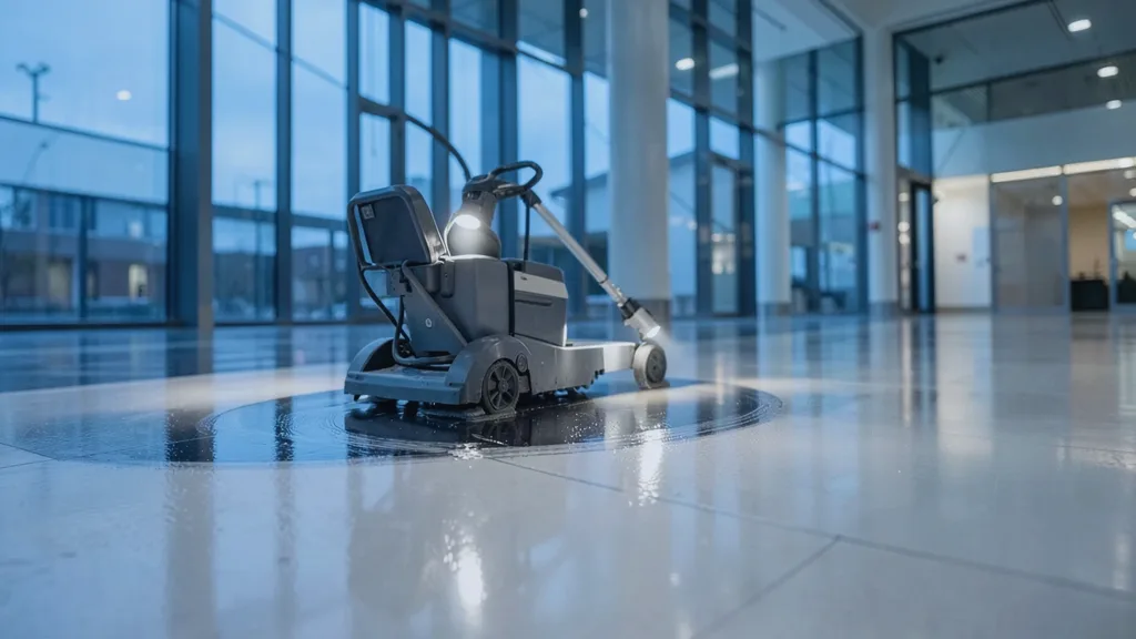 Ride-on rotary floor scrubber gliding in a slow arc across a glossy atrium floor