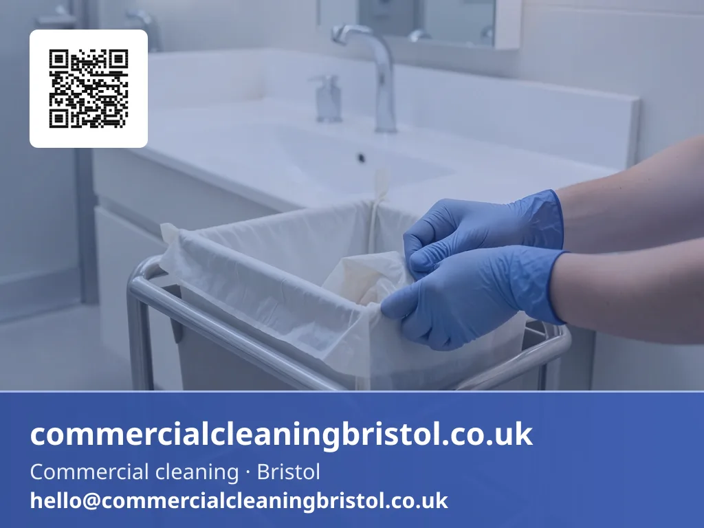 Restroom sanitising trolley's waste caddy fitted with a fresh liner