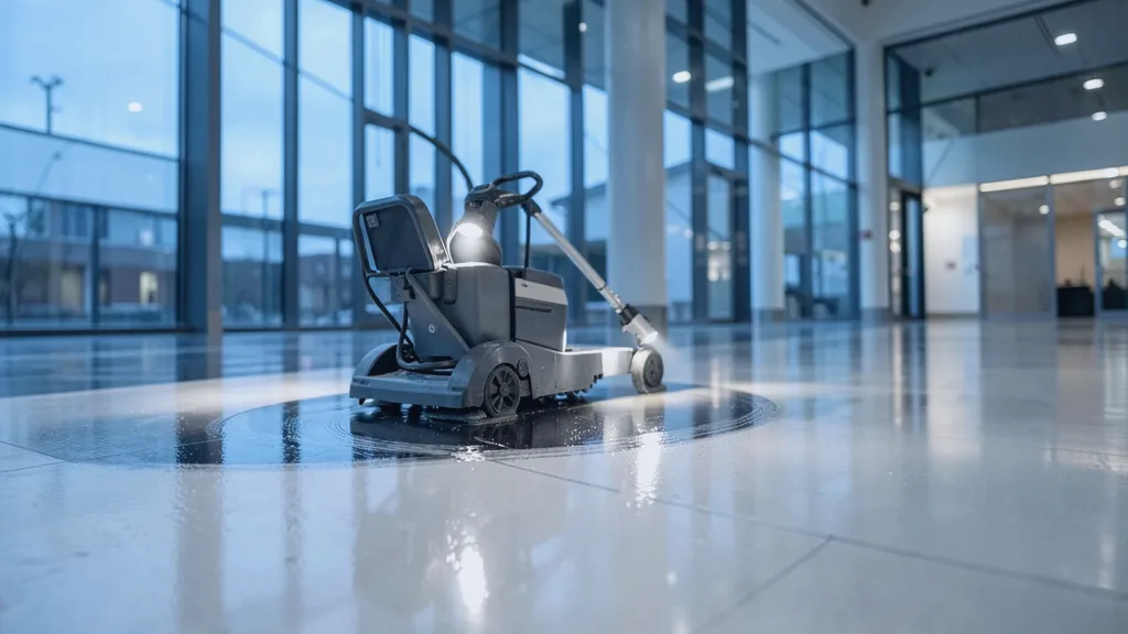 Ride-on rotary floor scrubber gliding in a slow arc across a glossy atrium floor