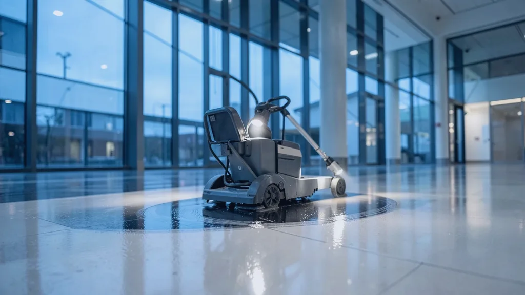 Ride-on rotary floor scrubber gliding in a slow arc across a glossy atrium floor