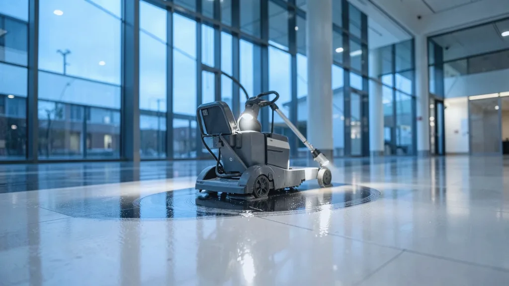 Ride-on rotary floor scrubber gliding in a slow arc across a glossy atrium floor