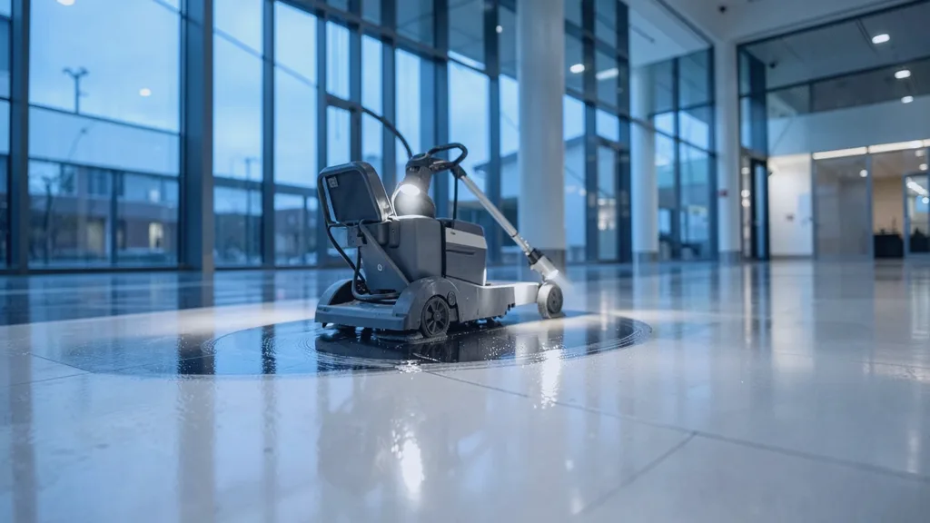Ride-on rotary floor scrubber gliding in a slow arc across a glossy atrium floor