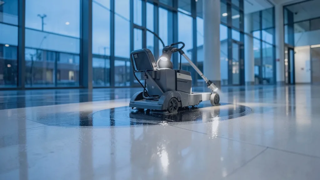 Ride-on rotary floor scrubber gliding in a slow arc across a glossy atrium floor