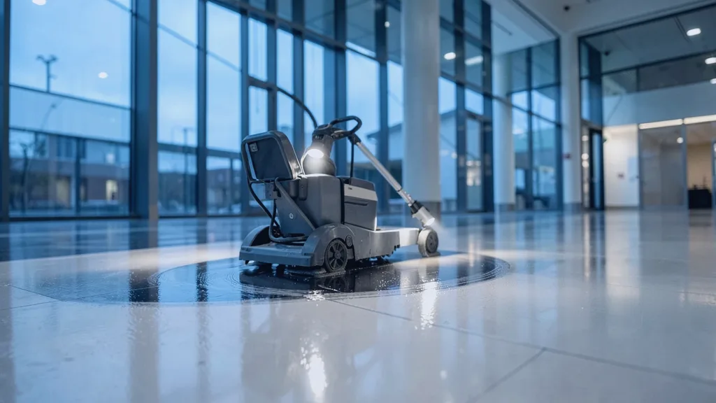 Ride-on rotary floor scrubber gliding in a slow arc across a glossy atrium floor