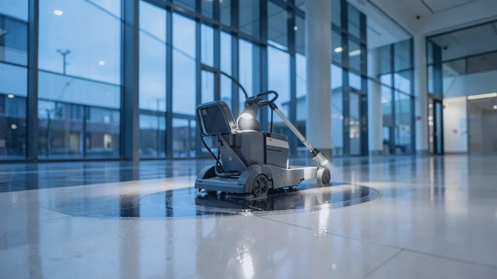 Ride-on rotary floor scrubber gliding in a slow arc across a glossy atrium floor