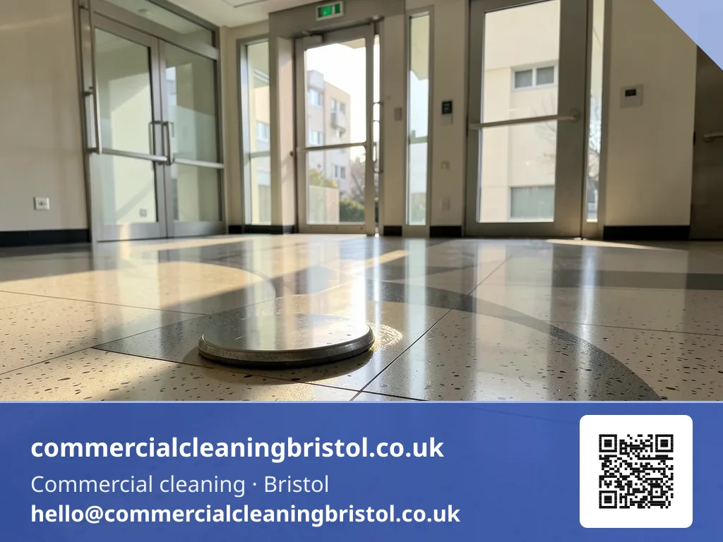 Rotary floor buffer polishing a lobby's terrazzo tiles in overlapping figure-eight passes