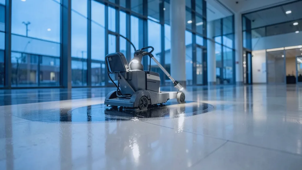 Ride-on rotary floor scrubber gliding in a slow arc across a glossy atrium floor