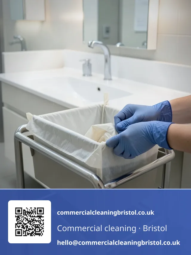 Restroom sanitising trolley's waste caddy fitted with a fresh liner