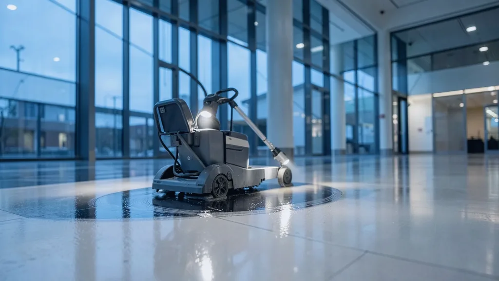 Ride-on rotary floor scrubber gliding in a slow arc across a glossy atrium floor