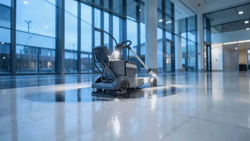 Ride-on rotary floor scrubber gliding in a slow arc across a glossy atrium floor