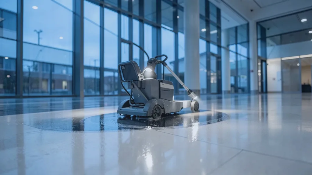 Ride-on rotary floor scrubber gliding in a slow arc across a glossy atrium floor