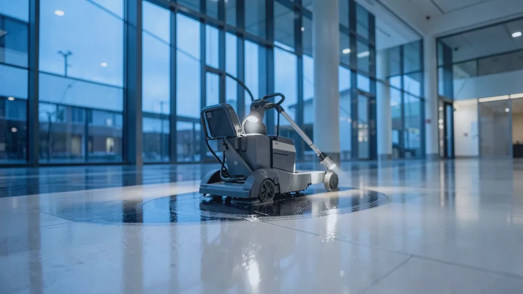 Ride-on rotary floor scrubber gliding in a slow arc across a glossy atrium floor