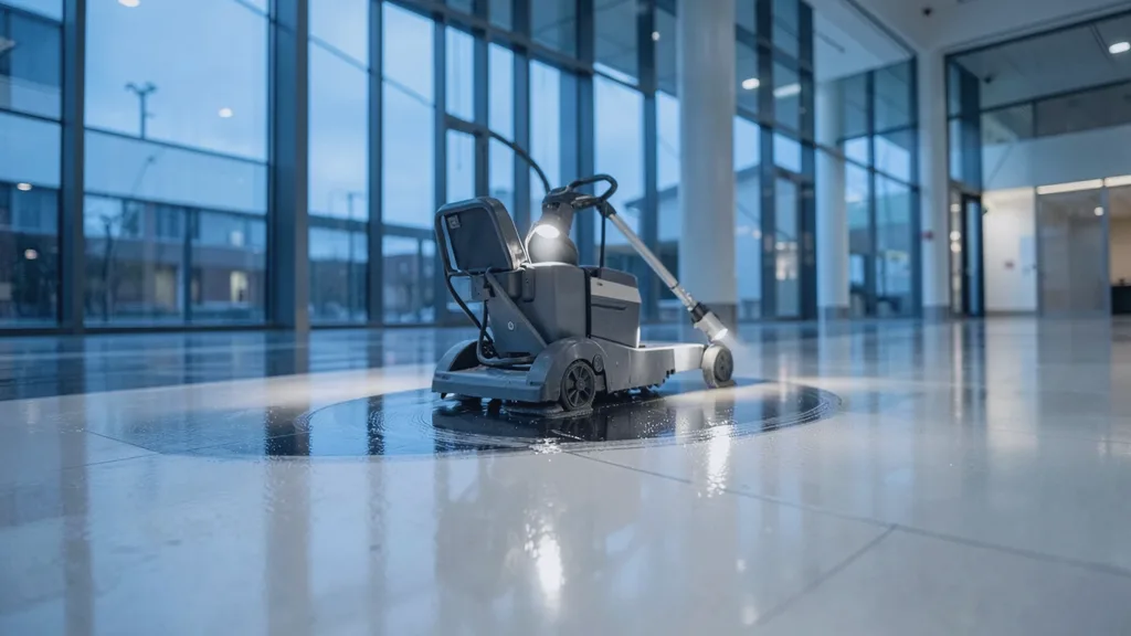 Ride-on rotary floor scrubber gliding in a slow arc across a glossy atrium floor