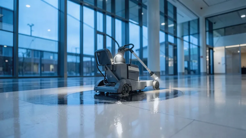 Ride-on rotary floor scrubber gliding in a slow arc across a glossy atrium floor