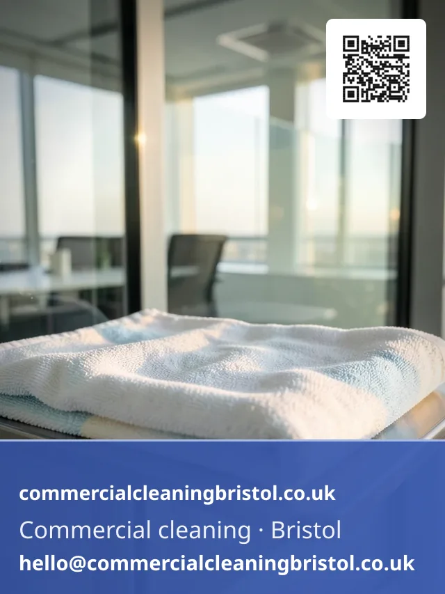 Pair of colour-coded microfibre cloths folded on a cleaning caddy beside a glass partition