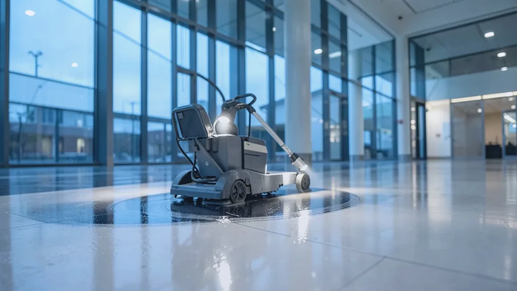 Ride-on rotary floor scrubber gliding in a slow arc across a glossy atrium floor