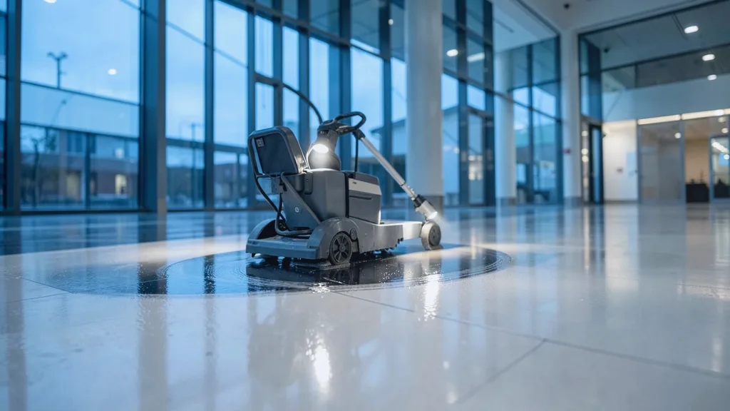 Ride-on rotary floor scrubber gliding in a slow arc across a glossy atrium floor