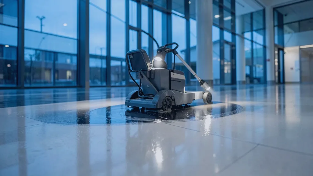Ride-on rotary floor scrubber gliding in a slow arc across a glossy atrium floor