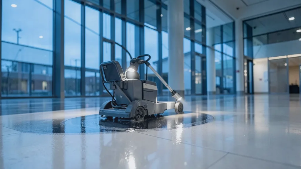 Ride-on rotary floor scrubber gliding in a slow arc across a glossy atrium floor