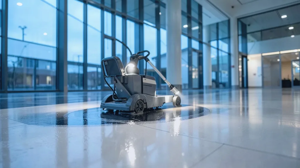 Ride-on rotary floor scrubber gliding in a slow arc across a glossy atrium floor