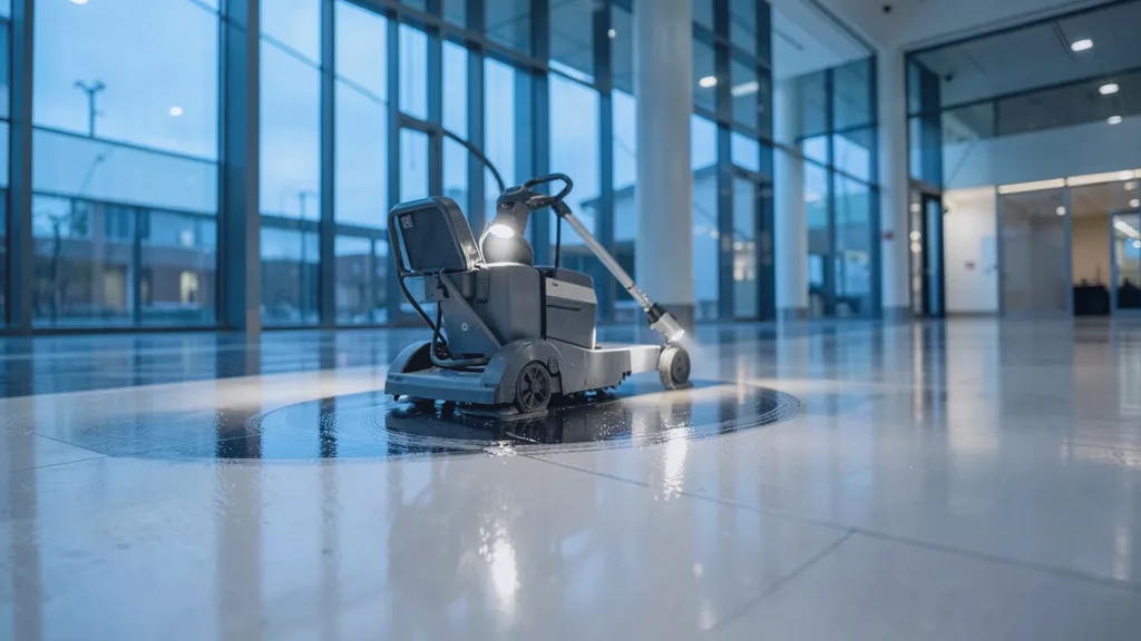 Ride-on rotary floor scrubber gliding in a slow arc across a glossy atrium floor