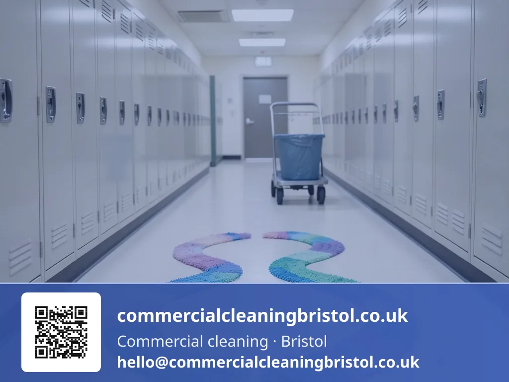 Colour-coded microfibre mop drawn in a figure-eight pattern across a school corridor floor