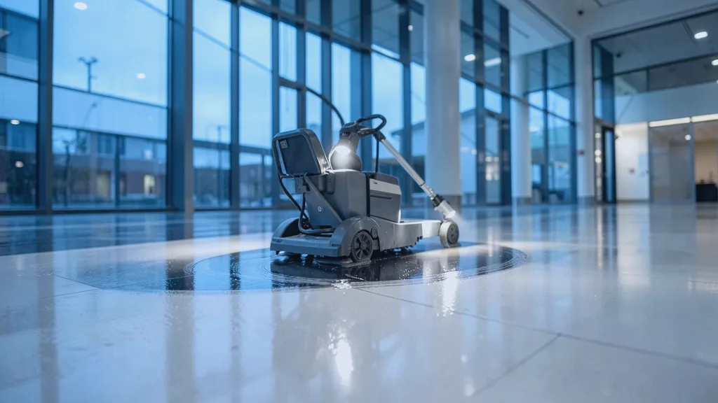 Ride-on rotary floor scrubber gliding in a slow arc across a glossy atrium floor