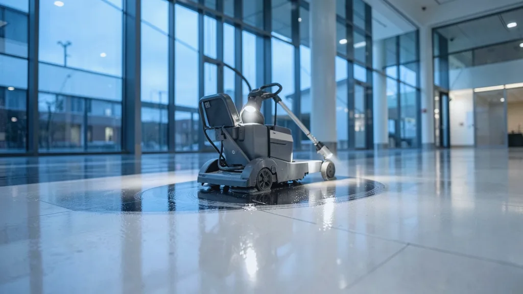 Ride-on rotary floor scrubber gliding in a slow arc across a glossy atrium floor