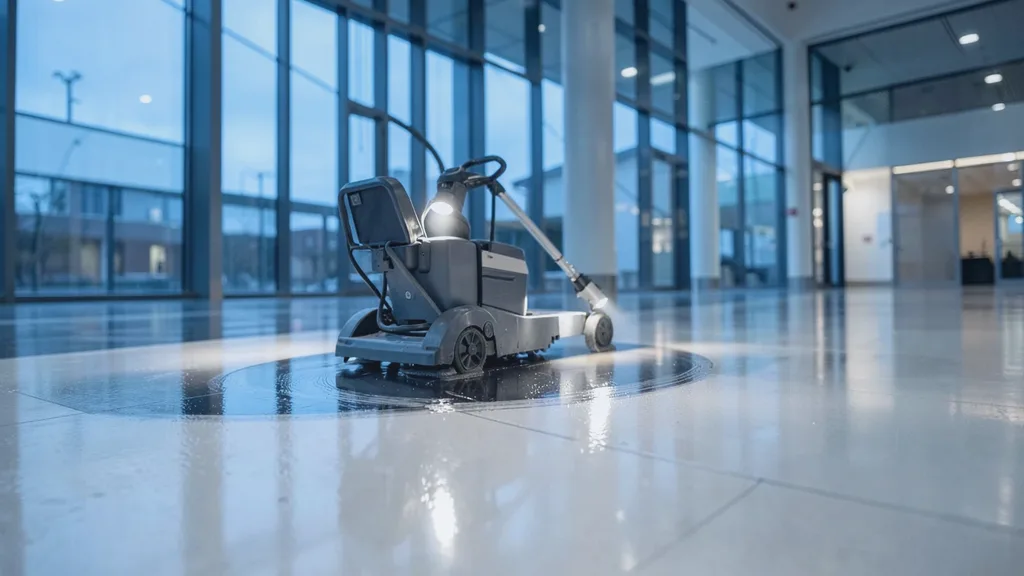 Ride-on rotary floor scrubber gliding in a slow arc across a glossy atrium floor