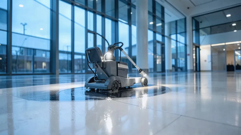 Ride-on rotary floor scrubber gliding in a slow arc across a glossy atrium floor