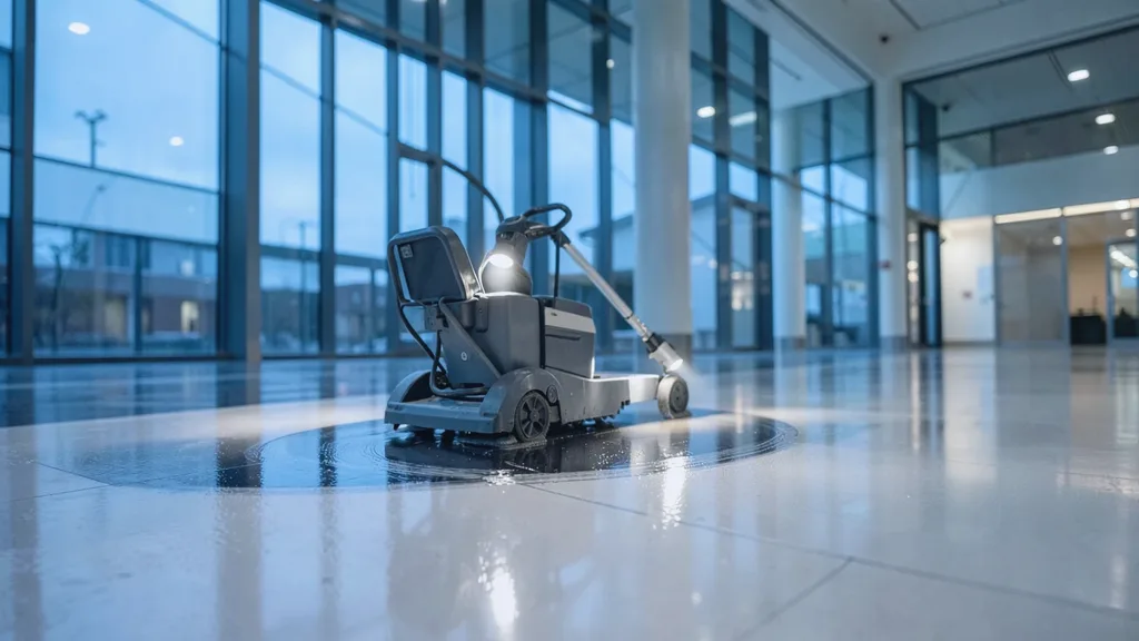 Ride-on rotary floor scrubber gliding in a slow arc across a glossy atrium floor