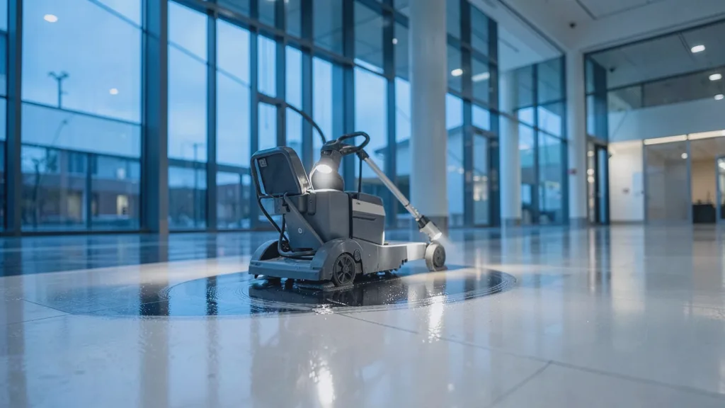 Ride-on rotary floor scrubber gliding in a slow arc across a glossy atrium floor