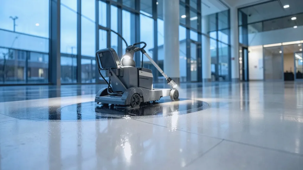 Ride-on rotary floor scrubber gliding in a slow arc across a glossy atrium floor