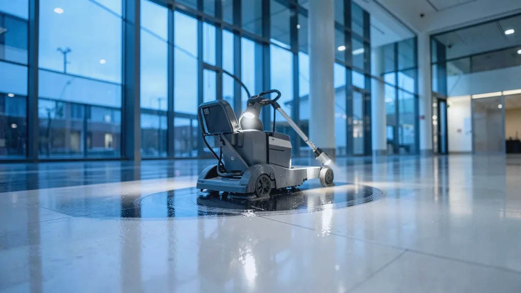 Ride-on rotary floor scrubber gliding in a slow arc across a glossy atrium floor