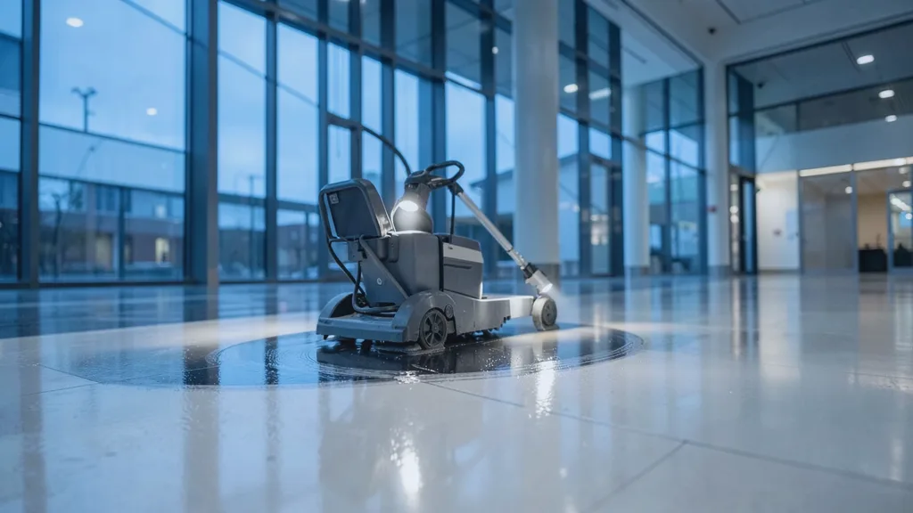 Ride-on rotary floor scrubber gliding in a slow arc across a glossy atrium floor